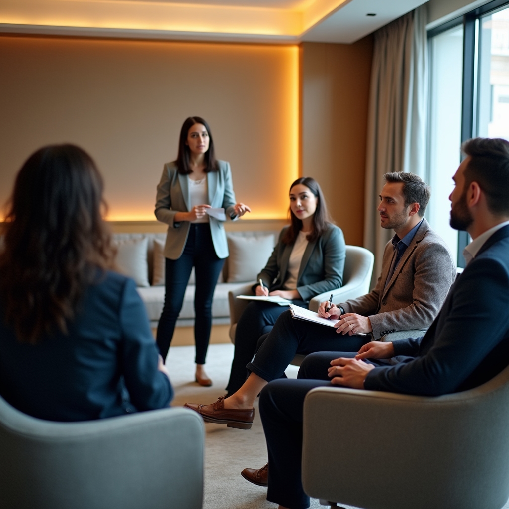 Small group of adults in a workshop setting, attentive and engaged, warm lighting