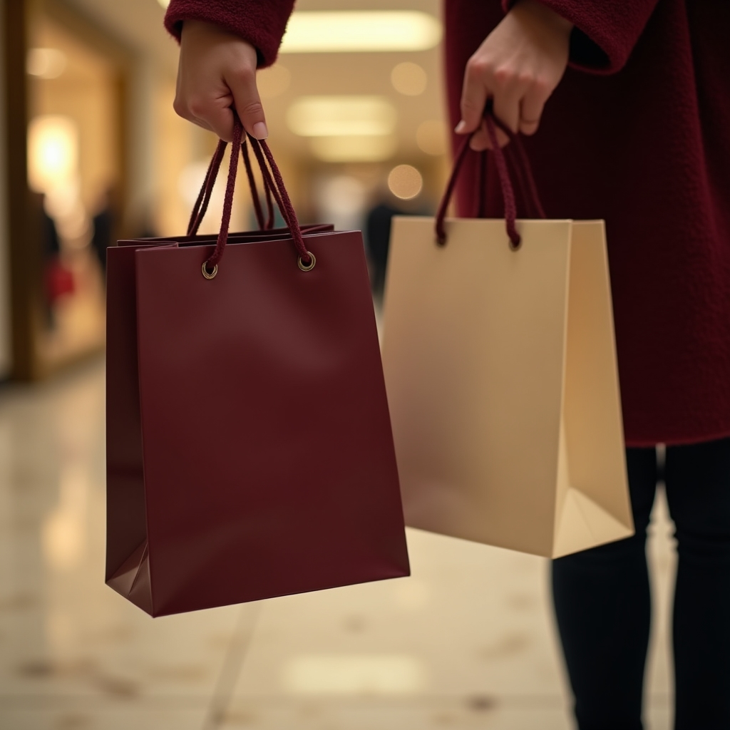 Close-up of hands holding shopping bags with blurred retail background