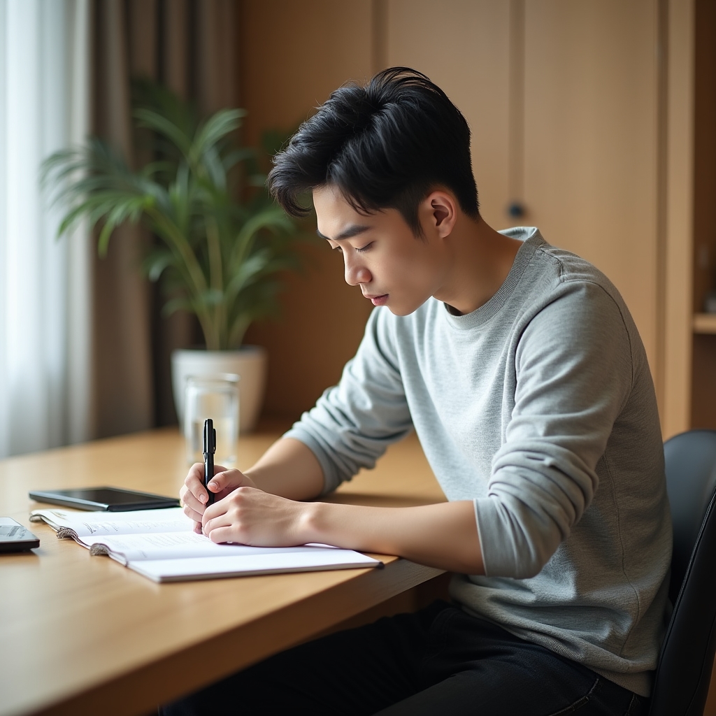 Person reviewing notes with focused attention, natural daylight environment