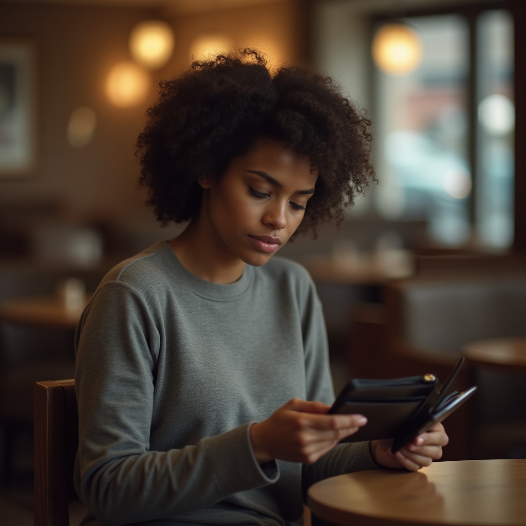 Woman with thoughtful expression looking at empty wallet, soft indoor light